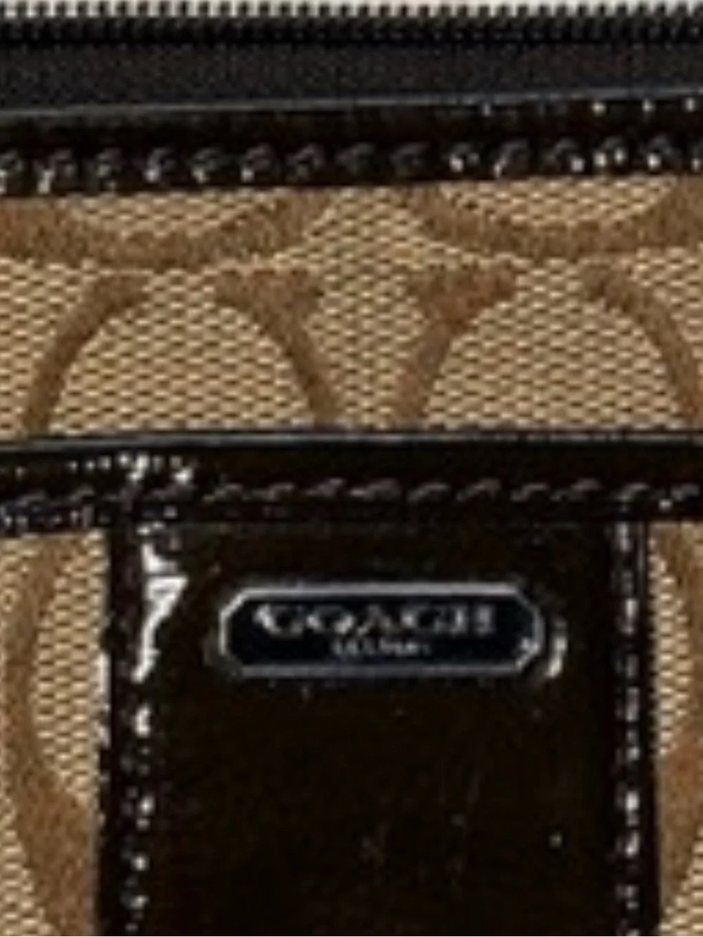 Coach Signature Heritage Stripe Swingback Crossbody – Brown Patent Leather Trim